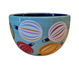 Small ceramic dipping bowl with Christmas balls, Indigo blue inside, DW, MW safe